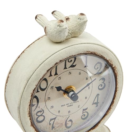 Vintage Pewter Mantel Clock with Bird Accents, Distressed Ivory Finish