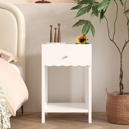 Modern Scalloped Nightstand with Drawer and Open Shelf, White Side Table