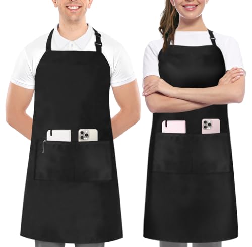 Adjustable Bib Apron 2-Pack - Water & Oil Resistant Chef Apron with Pockets