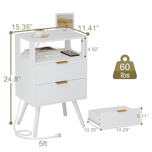 Modern White Nightstand with Charging Station, 2 Drawers and LED Lights