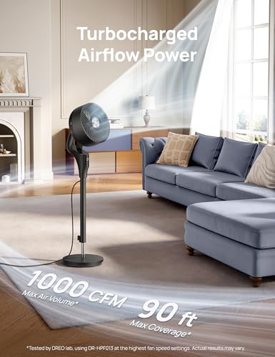 Dreo Upgraded Quiet Standing Fan for Bedroom - 90ft Airflow Oscillating Pedestal Fan with DC Motor