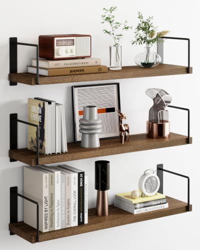 24-Inch Floating Wall Shelves, Set of 3 Rustic Wood Shelves for Storage
