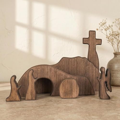 Wooden Easter Resurrection Scene Decor - 7-Piece Empty Tomb Tabletop Set