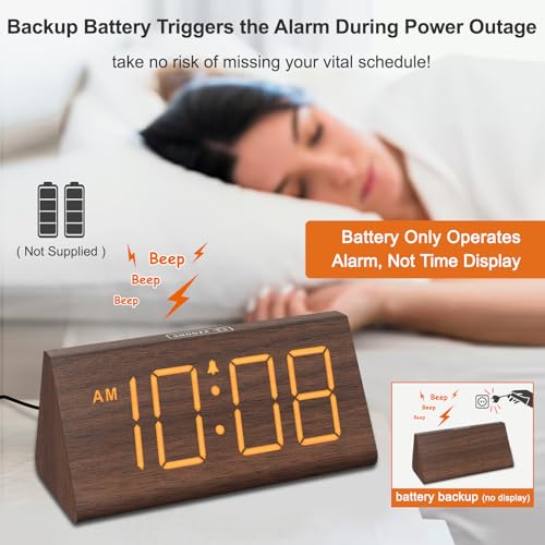 Wooden Digital Alarm Clock with Large Display, USB Charging Port & Dimmer