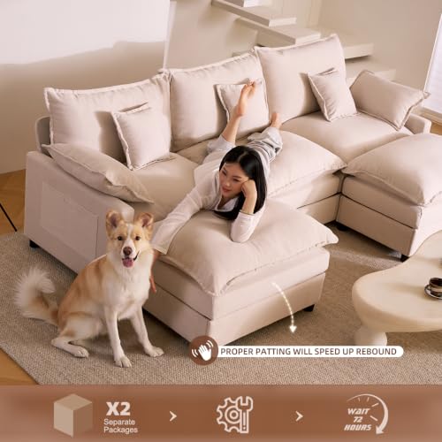 108-Inch U-Shaped Modular Cloud Sofa with Ottoman, Linen Beige