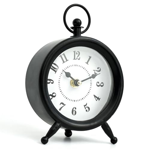 Retro Silent Tabletop Desk Clock, 7-Inch Small Black Decorative Shelf Clock