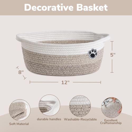 Woven Rope Dog Toy Storage Basket with Handles & Paw Print - 12" x 8" x 5"