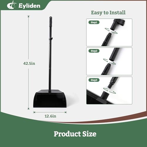 Heavy-Duty Upright Commercial Dustpan with Built-in Comb Teeth, Black