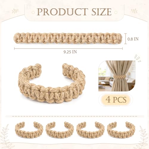 Braided Boho Curtain Tiebacks, 4 Pack Adjustable Jute Holdbacks