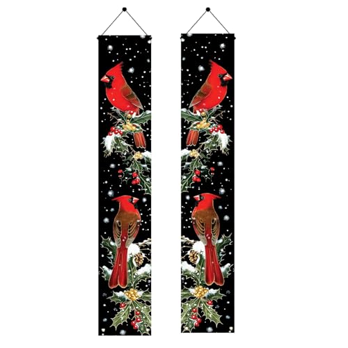 Christmas Cardinal Porch Banner Set 71x12 Inch Winter Holiday Door Decor with Holly & Snow Scene - Saoplasa