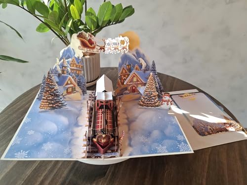 Christmas Train Pop Up Card - 3D Vintage Steam Locomotive Holiday Card, 6 x 8 Inches