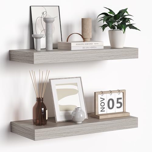 Set of 2 Rustic Grey Floating Shelves - 16-Inch Wall Mounted Wood Shelves