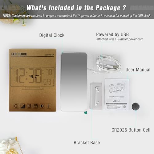6.7" Digital LED Desk Alarm Clock with Temperature, Date & Dimmer
