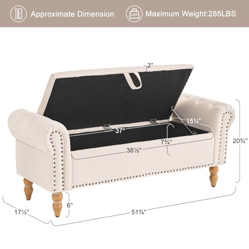 51-Inch Upholstered Storage Bench, Button-Tufted Linen Ottoman for Bedroom