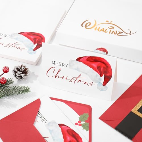 Whaline 50 Xmas Greeting Cards with Envelopes & Stickers, 4x6 inch Santa Claus Notes