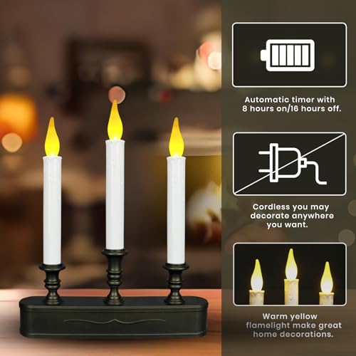 LitTerra Battery Operated Window Candle with Timer - 3 LED Antique Bronze Flickering Flames