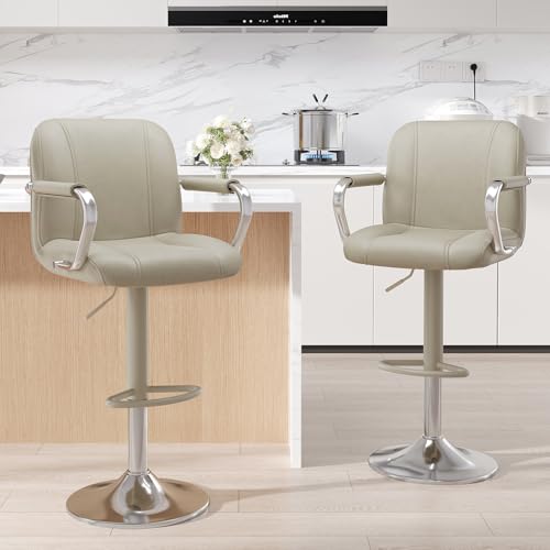 Set of 2 Beige Adjustable Swivel Bar Stools with Backs and Armrests