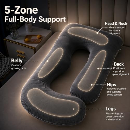 ALLOPERA 57-Inch U-Shaped Pregnancy Pillow, Full Body Maternity Pillow with Adjustable Fill and Washable Cover, Black Grey