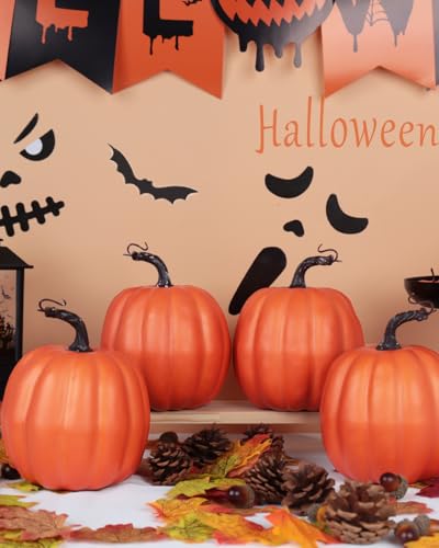 6-Inch Artificial Orange Pumpkins, 4 Pack Foam Harvest Fall Decor