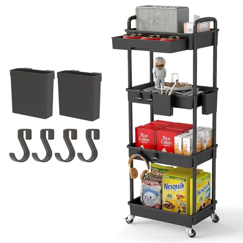 4-Tier Rolling Utility Cart with Drawer, Mobile Organizer Shelf - Black