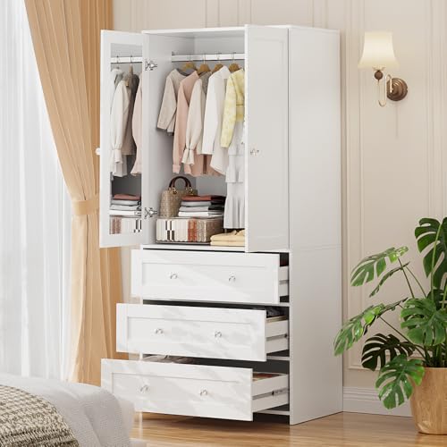 71-Inch Tall Bedroom Wardrobe Closet with Mirror, Drawers, and Hanging Rod