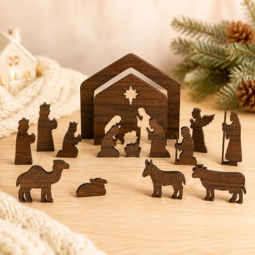Hawkrown 16-Piece Wooden Nativity Set with Brown Finish for Indoor Christmas Decor