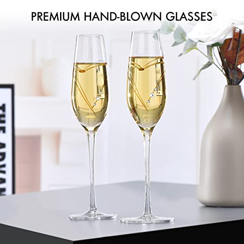 Love Heart Champagne Flutes Set of 2 - Bride & Groom Wedding Toasting Glasses with Crystals, Hand-Blown Crystal Glassware, Parihy