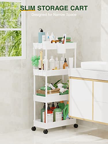 4-Tier Slim Rolling Storage Cart, 7.1" Narrow Mobile Utility Organizer, White