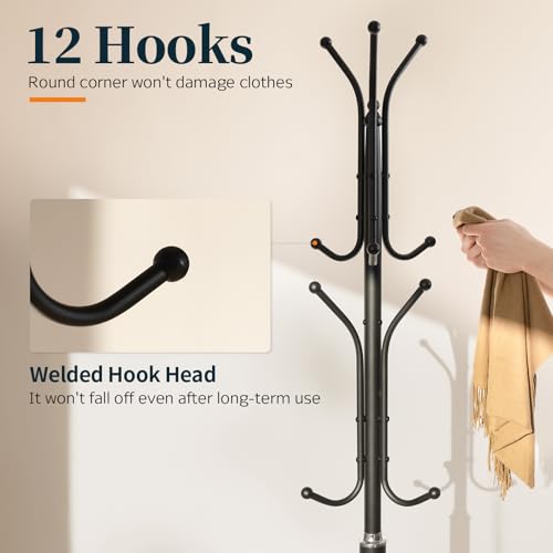 Freestanding Metal Coat Rack with Marble Base and 12 Hooks