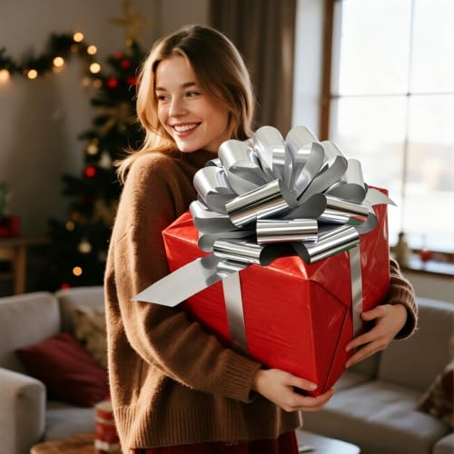 12-Inch Silver Gift Bow - Waterproof & Fade-Resistant for Parties