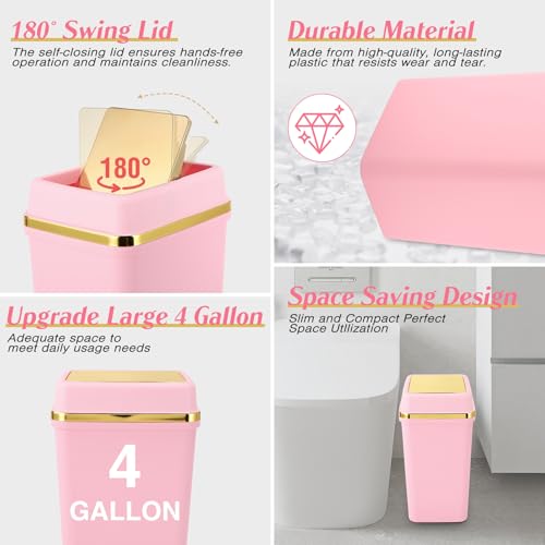 Pink Bathroom Trash Can with Lid and 150 Bags, 4 Gallon