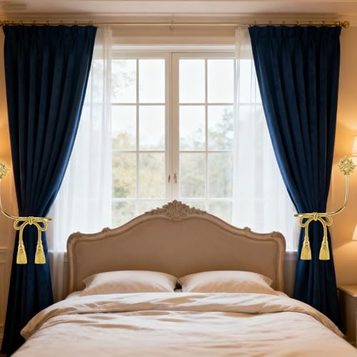 Gold Brass Bow Curtain Holdbacks, Set of 2 Decorative Wall-Mounted Hooks