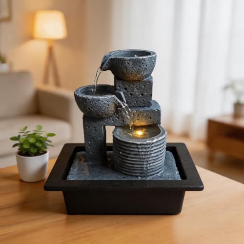 Tabletop Water Fountain - 3-Tier Indoor Waterfall with LED Light & Quiet Pump
