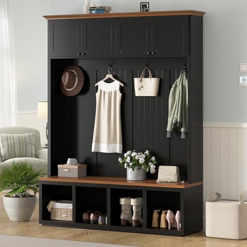 Rustic Farmhouse 59-Inch Entryway Hall Tree with Shoe Storage Bench and Hooks
