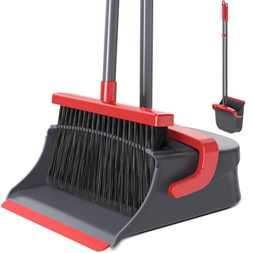 Upright Broom and Dustpan Set with Self-Cleaning Comb for Pet Hair