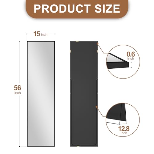 Full Length Floor Mirror with Stand - 56x15 Inch Black Aluminum Frame