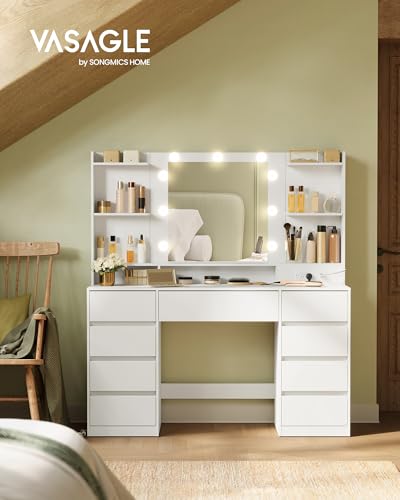Modern Makeup Vanity Desk with Mirror, 9 LED Bulbs, and 9 Drawers