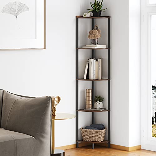5-Tier Industrial Corner Shelf, 65-Inch Tall Corner Bookshelf for Small Spaces