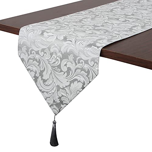 EHouseHome Silver Grey Reversible Jacquard Damask Table Runner with Tassels 13x72in - Water & Wrinkle Resistant