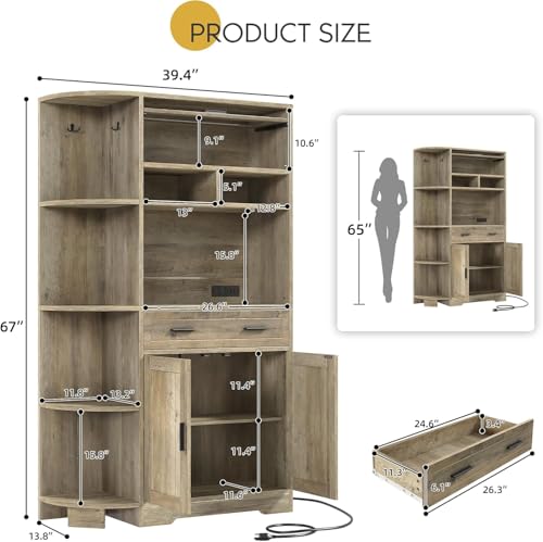 67-Inch Farmhouse Kitchen Hutch with Charging Station, Drawer and Shelves
