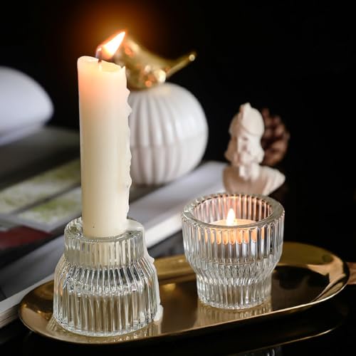 JMMAYIG 36 Pack Tealight & Taper Candle Holder Set - 2-in-1 Clear Ribbed Glass Decor