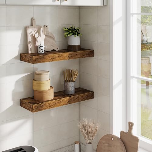 20-Inch Rustic Floating Shelves, Set of 2 Wood Wall Mounted Storage Shelves