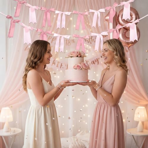 Pink Satin Bow Garlands - 2 Pack, 16pcs, 6.5ft Pre-Strung Party Decorations