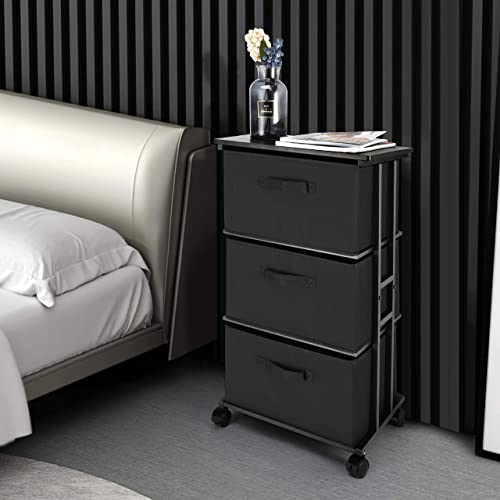 3-Drawer Fabric Storage Tower - Rolling Slim Dresser Organizer (Black)