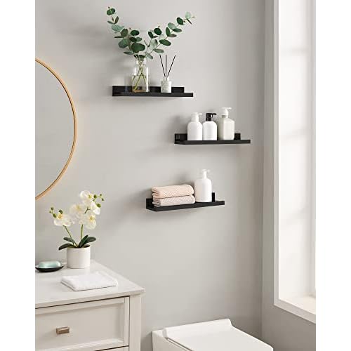 SONGMICS Floating Shelves, Set of 3 Wall Shelves, 15-Inch Wide, for Photo Frames and Trinkets, for Living Room, Home Office, Kitchen, Bathroom, Black ULWS38BK