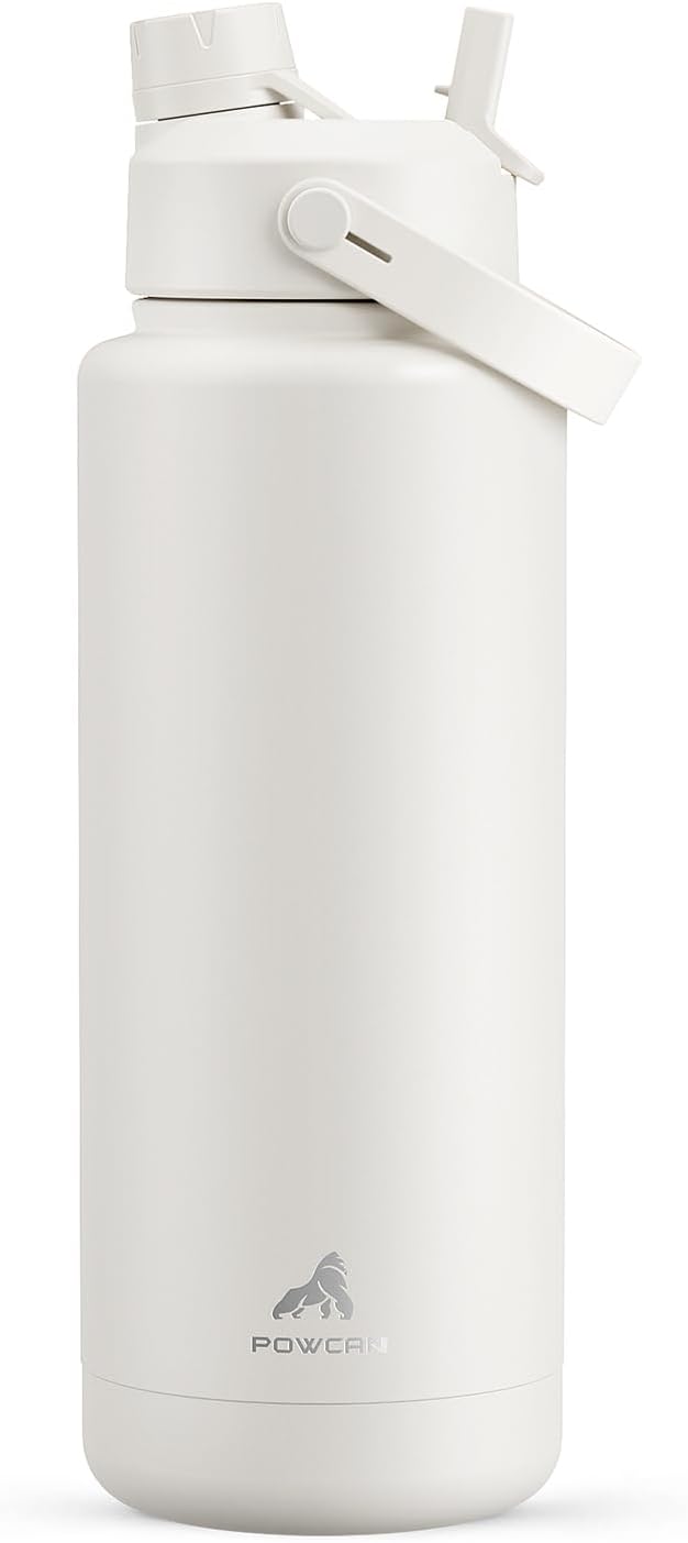 POWCAN 40 Oz Insulated Water Bottle - 2-in-1 Straw & Spout Lid, Leak-Proof, BPA-Free | Ivory Color