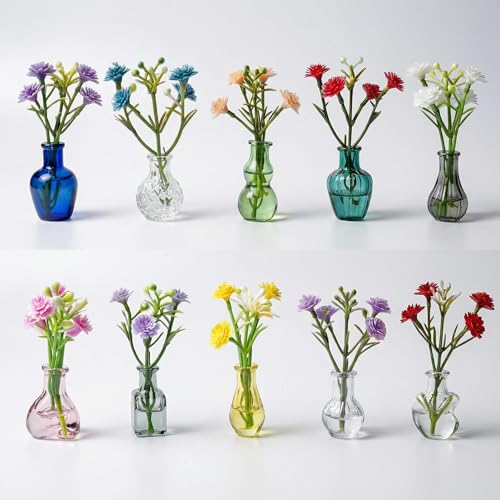 10-Pack Magnetic Mini Glass Bud Vases with Faux Flowers for Fridge