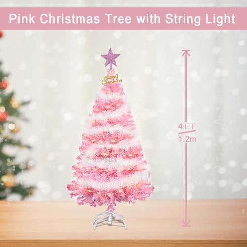 Dream Loom Pink Christmas Tree with Lights - 4FT Artificial Holiday Tree with Tips, Metal Stand, Battery String Light - Pink2