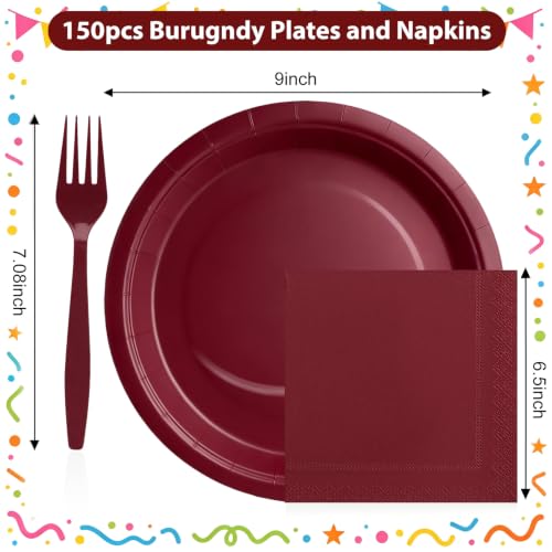 9 Inch Burgundy Paper Plates and Napkins Set for Birthday & Holiday Parties - 50 Sets, Includes Forks