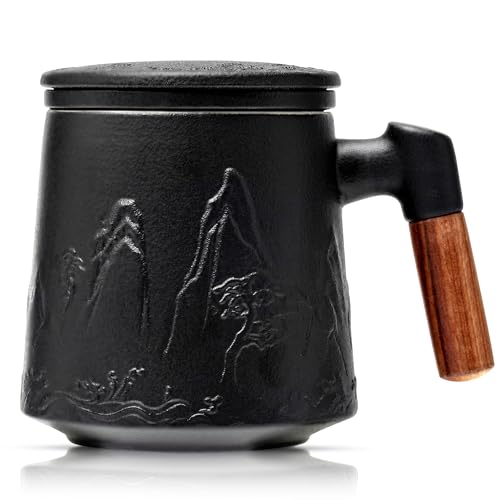 Suyika Black Ceramic Tea Cup with Infuser and Lid 15.2 oz / 450 ml